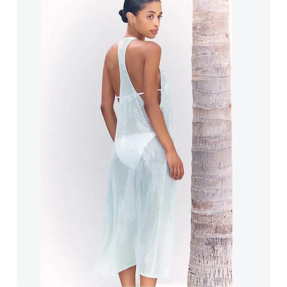 Anthropologie Kaftan Mint Green Sequin Mesh Swim Cover-Up Racerback Midi OS NWT